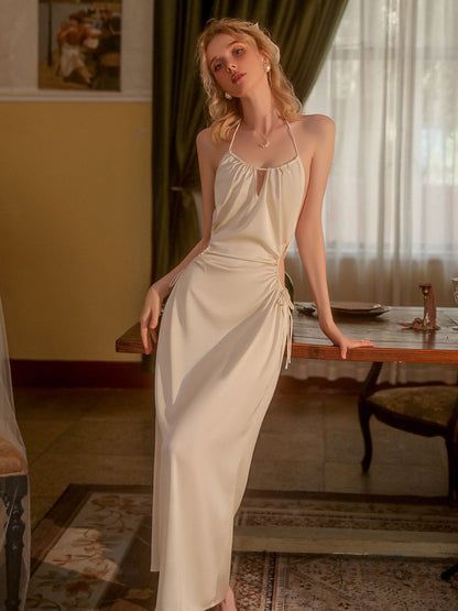 Long Ice Silk Backless Halter Camisole Nightgown