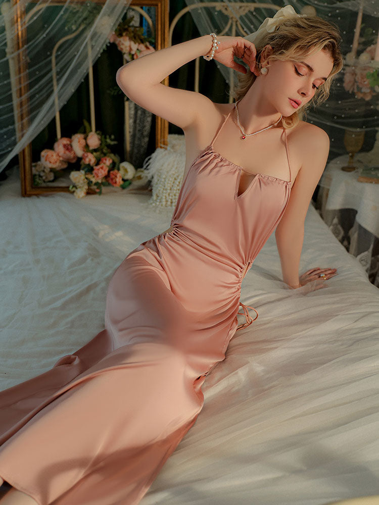 Long Ice Silk Backless Halter Camisole Nightgown