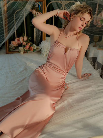 Long Ice Silk Backless Halter Camisole Nightgown