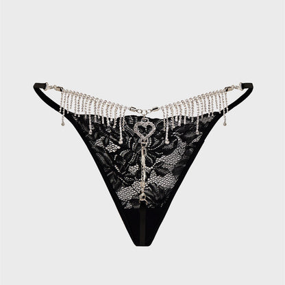 Tantalizing Lace G String Thongs with Metal Rhinestones Fringe Heart Design