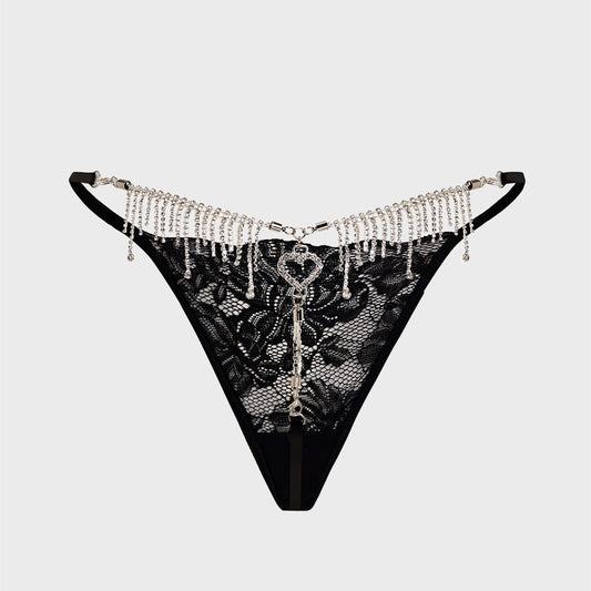 Tantalizing Lace G String Thongs with Metal Rhinestones Fringe Heart Design