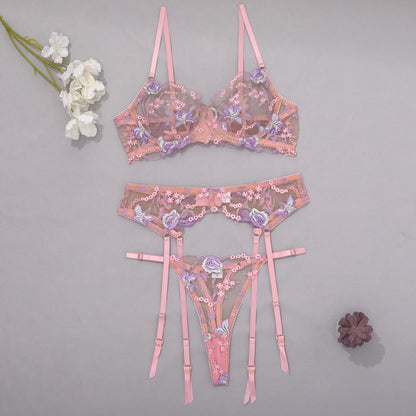 Sexy Lingerie Split Set Floral Embroidered Mesh Sculpting Underwire Bra Alluring Garter Belt