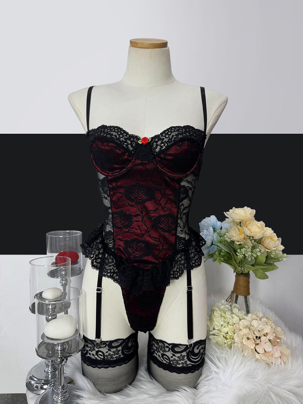 Halloween French Color Matching Lace Underwear Garter Stockings Set