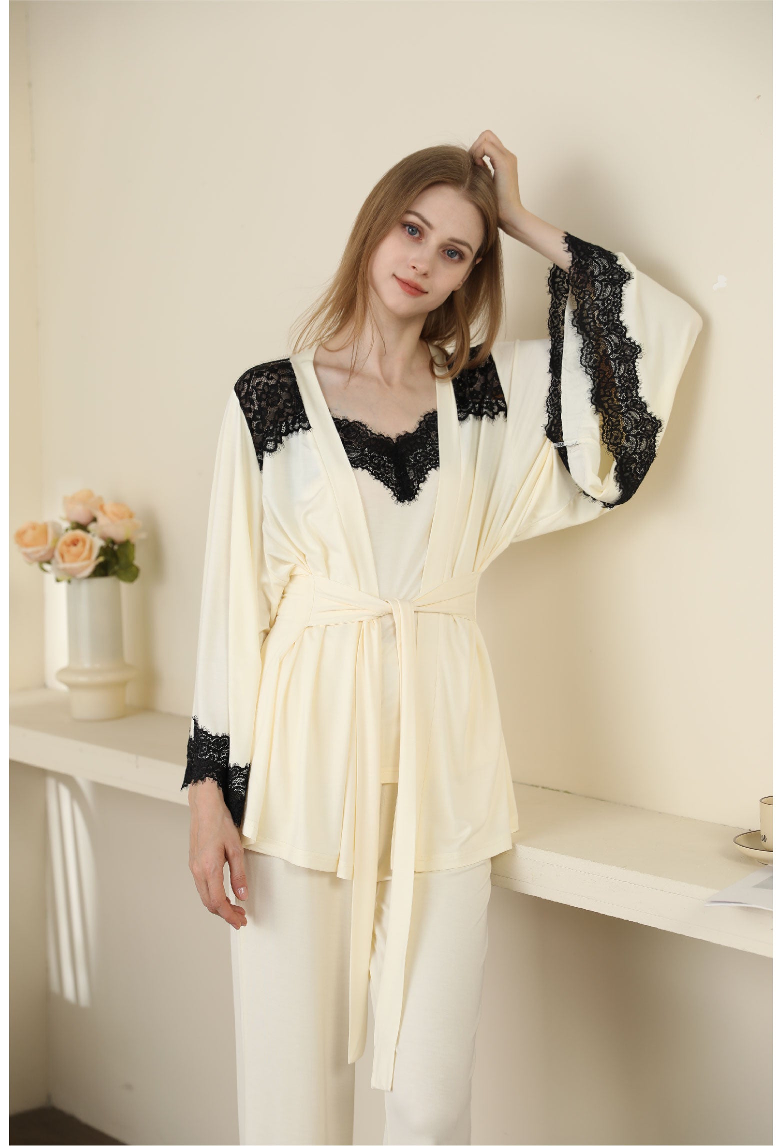 Sexy Modal Lace Backless Pajama Robe Camisole Set