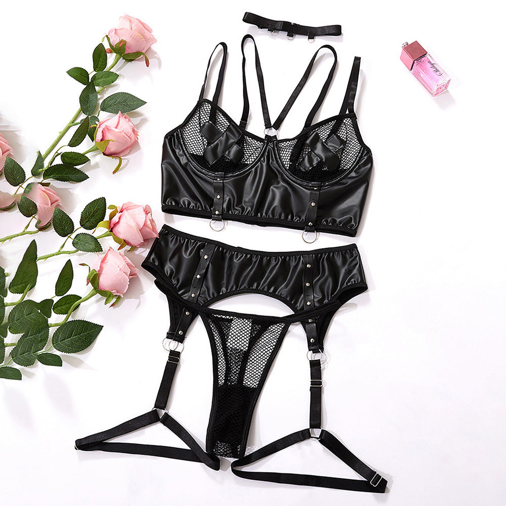 Plus-Size PU Leather Fishnet See-Through Sexy Lingerie Passionate Uniform