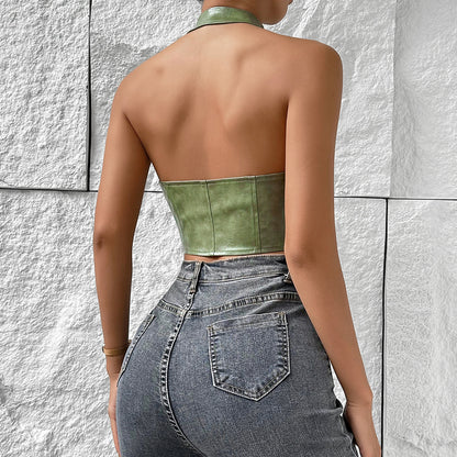 Sexy Hot Girl Low-Cut Pure Color Halter Lace-up PU Leather Vest