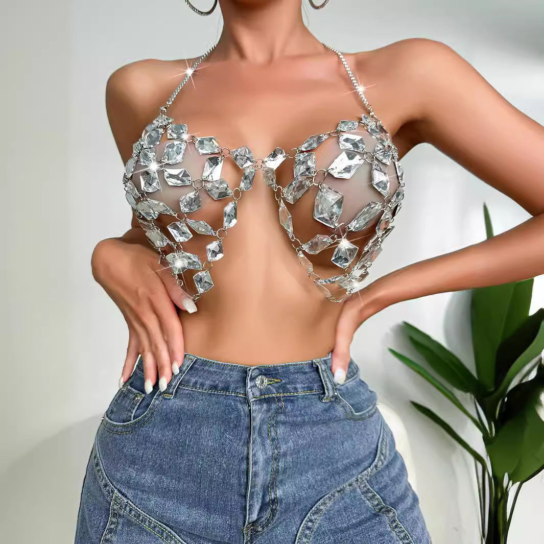 Shiny Crystal Pendant Backless Halter Bra