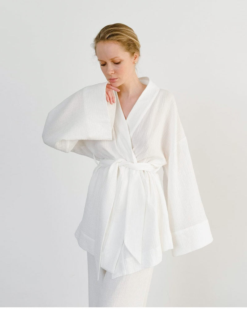 Loose-fit Line Gauze Pajama Bathrobe Set