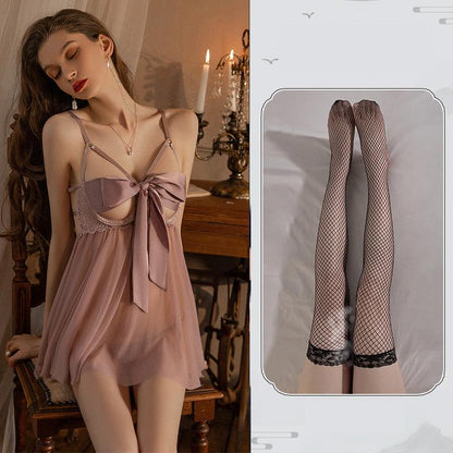 Plus Size Backless Bow Straps Tulle Nightdress