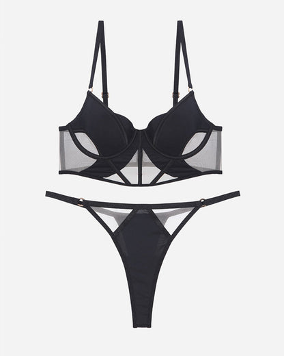 Push Up Mesh Hollow Bra and Thong Set