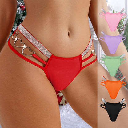 Sexy Women's Low Rise Cheeky Underwear Strappy Heart Buttons Silver Ribbon