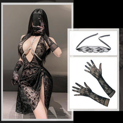 Flash Chain Breastpin Charming See-through Sexy Lace Dress