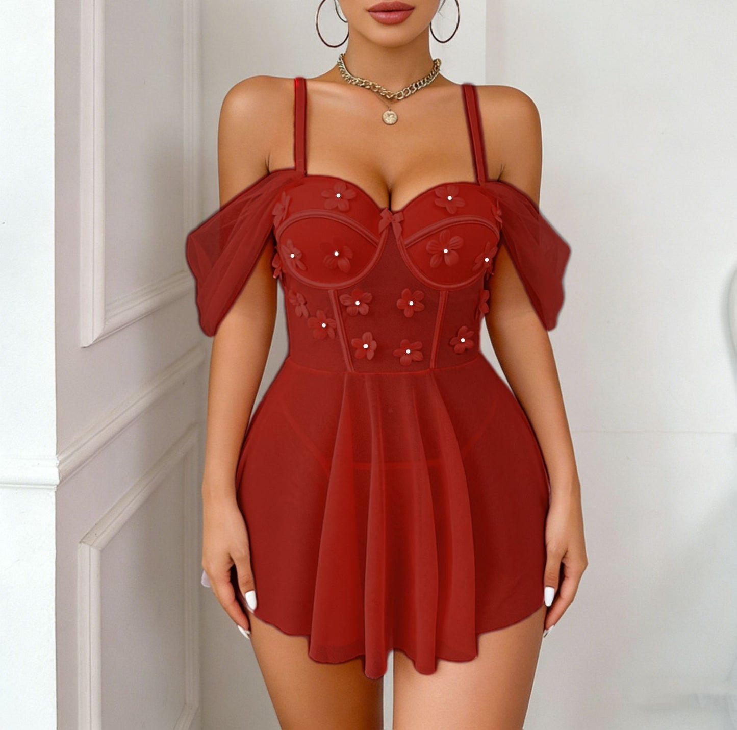 Embroidered Mesh Sleeve Sexy Sling Dress