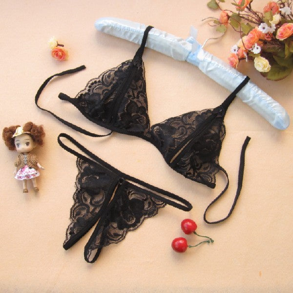 Sexy Transparent Lace Women's Open-Crotch Three-Piece Set Seductive Sexy Lingerie