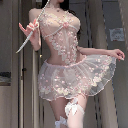 Mesh Rose Embroidered Lace Sling Pure Suit
