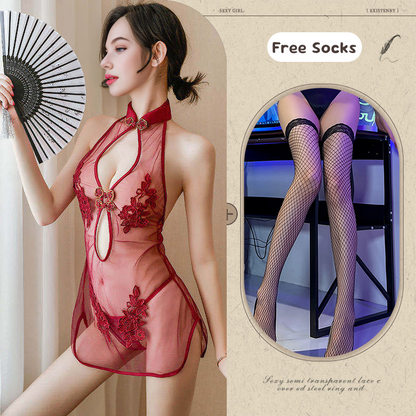 Lace Slit Mesh Classical Embroidered Cheongsam Suit