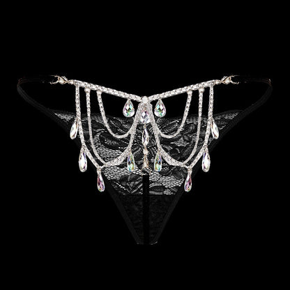 Sexy Women's Thong Lace Water Drop Gem Embellished Breathable