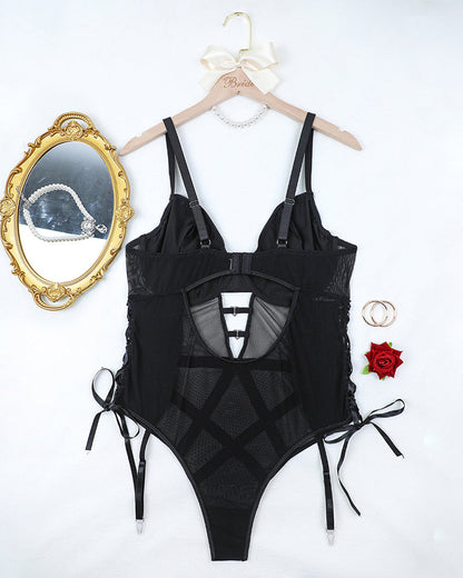 Plus Size Leather Hollow Tie Bodysuit