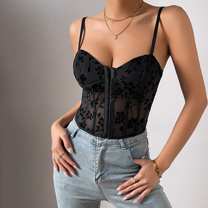 Low-Cut See-through Sling Stitching Mesh Fishbone Girdle Short