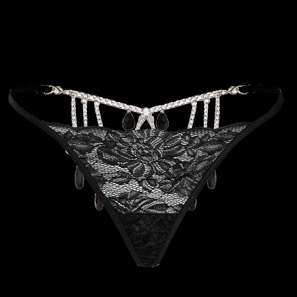Sexy Women's Thong Lace Water Drop Gem Embellished Breathable