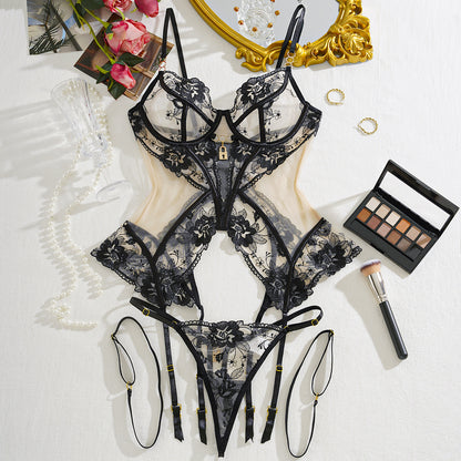 See-through Embroidery padlock charm Mesh Body Shaping Sexy Lingerie Set