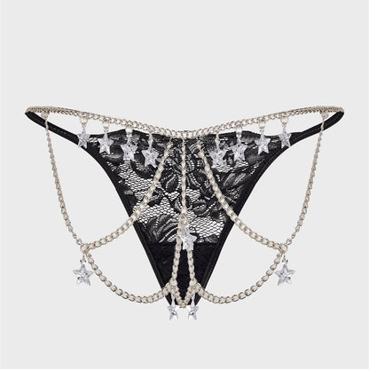 Alluring Lace G String Thongs Featuring Chain Pendant Star Details