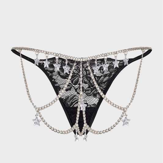 Alluring Lace G String Thongs Featuring Chain Pendant Star Details