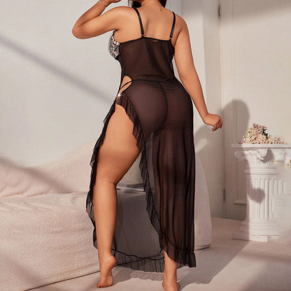 Large Size Split-slit Suspender Dress Sexy Semi-see-through Pajamas  Long Lace Dress Set