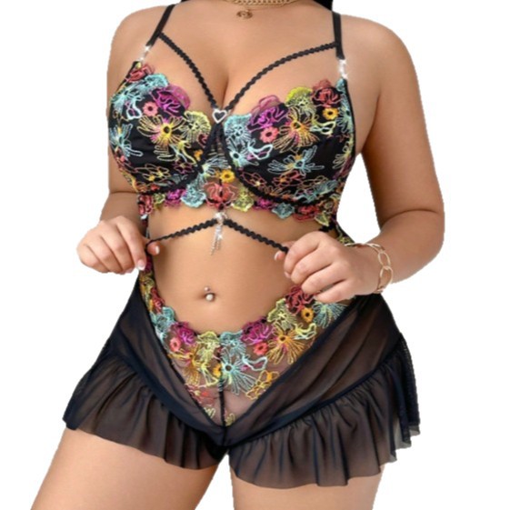Plus Size Mesh Flower Color Embroidery Sexy Lingerie
