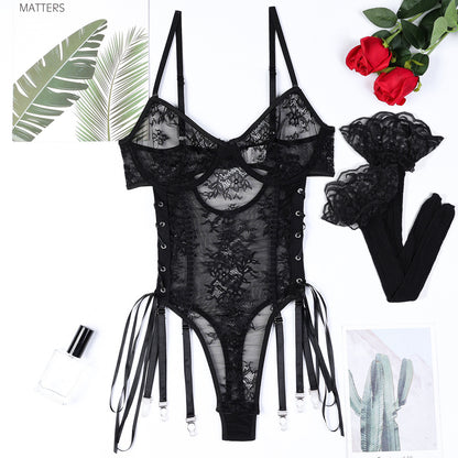 Lightweight Lace Cross Lace-up Cutout Ribbon Adjustable Jumpsuit