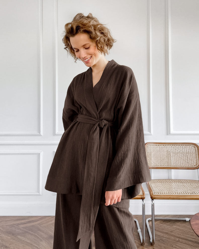 Loose-fit Line Gauze Pajama Bathrobe Set