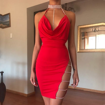 Sexy Plus-Size Women's Sleepwear Ensemble Hollowed-Out Slit & Backless Bodysuit with Halter Neck