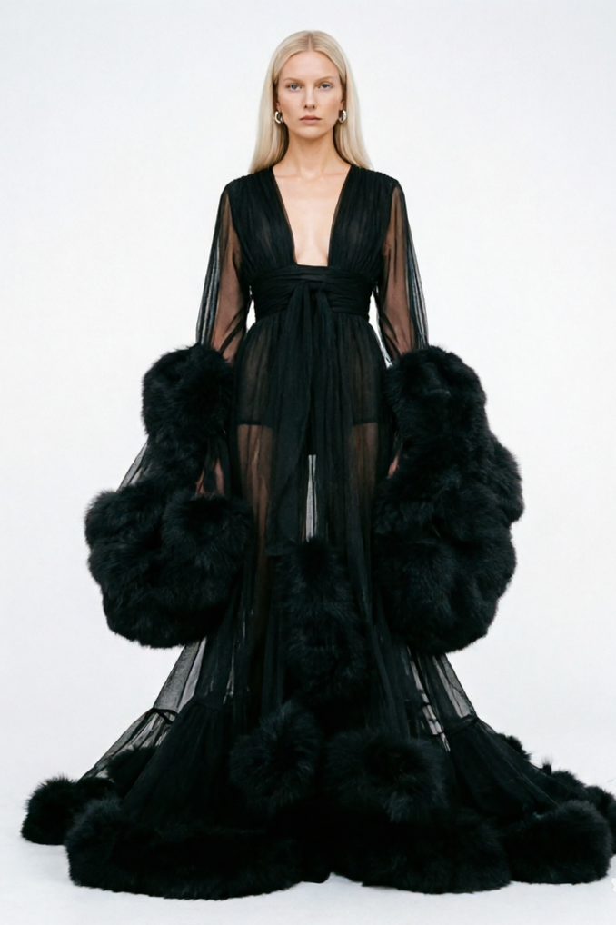 Sexy Feather Bell Sleeve Trailing Dress