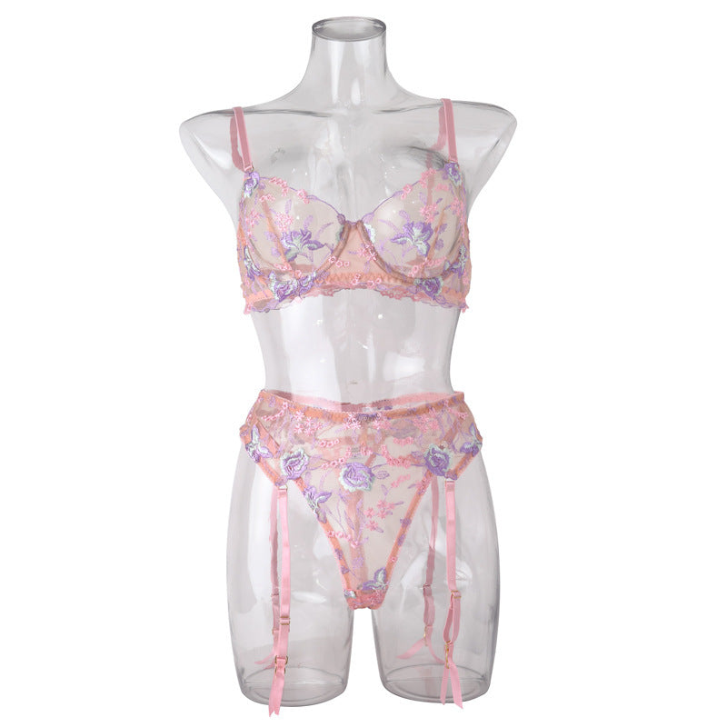 Sexy Lingerie Split Set Floral Embroidered Mesh Sculpting Underwire Bra Alluring Garter Belt