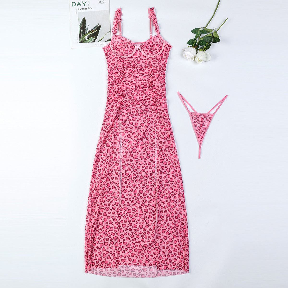 Fuchsia Leopard Love High Slit Long Dress Sexy Sling Dress T-Back