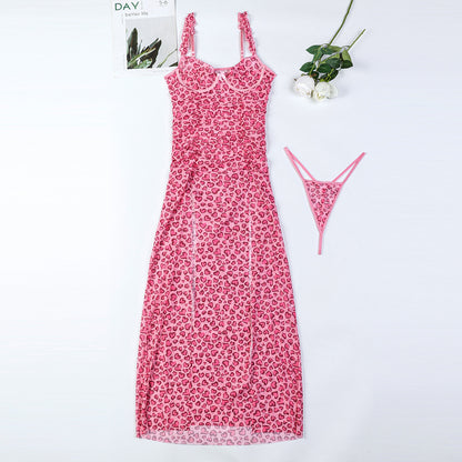 Fuchsia Leopard Love High Slit Long Dress Sexy Sling Dress T-Back