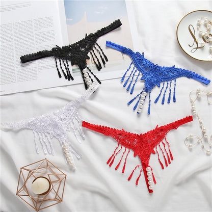 Sexy Embroidered Tassel Pearl Open Crotch Thong