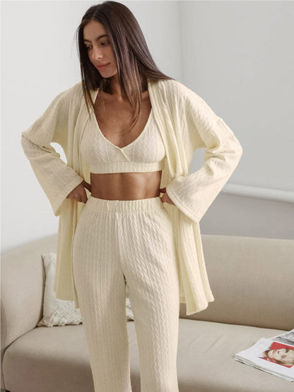 Loose Striped Long Pants Pajama Robe Set