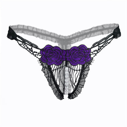 Sexy Open Crotch Mesh Flower Embroidery Thong