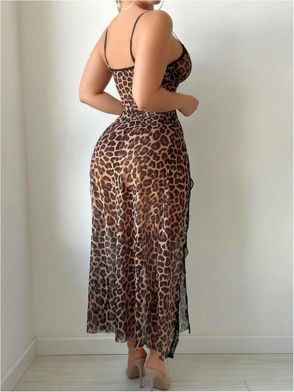 Women's Leopard Lingerie Lace Babydoll Chemise High Slit Mesh Slip Nightgown Thong