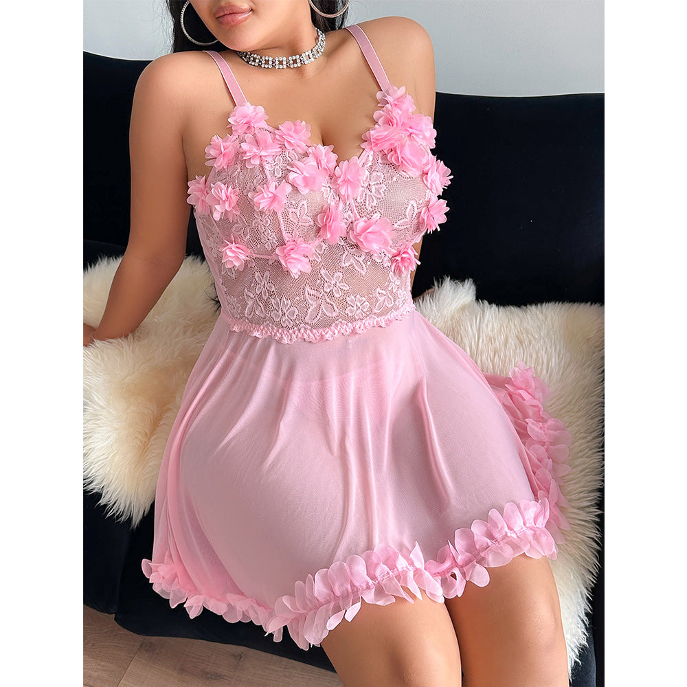 Plus Size Lace See-through Valentine's Day T-Back Night Skirt Suit