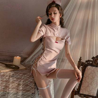 Hollow-out Cleavage-revealing Sexy Nurse Outfit Split-slit Buttock Erotic Lingerie