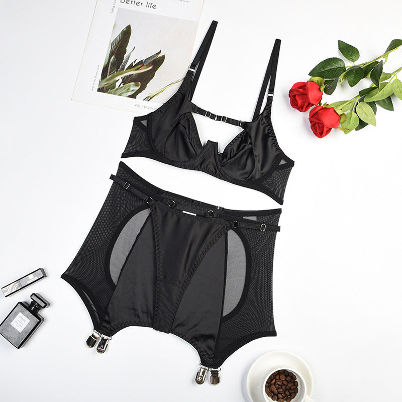 Mesh Splicing Milk Silk Push up Sexy Lingerie Three-Piece Set