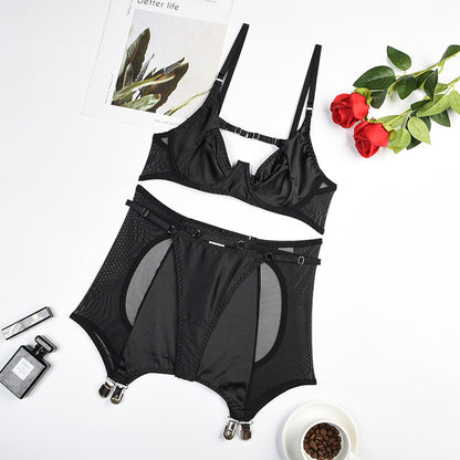 Mesh Splicing Milk Silk Push up Sexy Lingerie Three-Piece Set