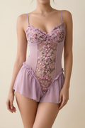 Deep V-neck Floral Embroidered Open-crotch Bodysuit