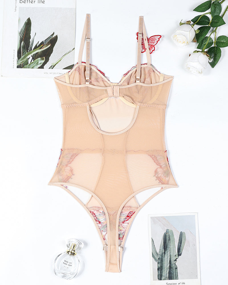 3D Butterfly Embroidery Gathered Bodysuit