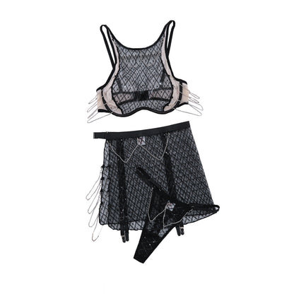 Sexy Hollow Fishnet Temptation Underwear Three Piece Set
