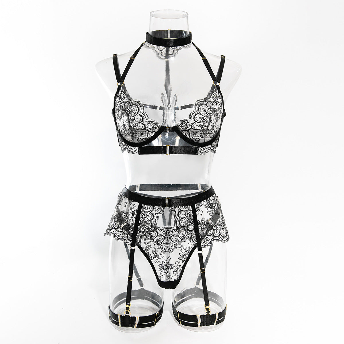 Sexy Lingerie 5-Piece Ensemble Floral Black Lace Garter Belt with Stocking Clips