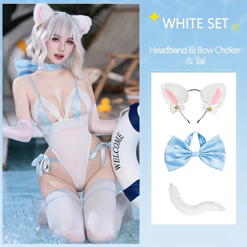 Catgirl Cosplay Open Crotch Bodysuit Set