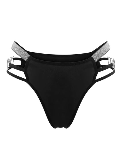 Sexy Women's Low Rise Cheeky Underwear Strappy Heart Buttons Silver Ribbon